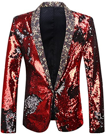 PYJTRL Hombres Elegante Dos Colores conversión Brillante Lentejuelas Chaqueta Traje Chaqueta (S, Rojo Y Negro.)