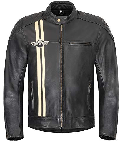 XLS Motorradjacke Classic Stripes für Herren schwarz aus Leder Retro Bikerjacke herausnehmbares Thermofutter Größe 4XL