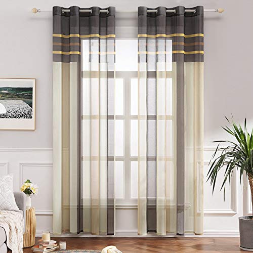 MIULEE Voile Vorhang Transparente Gardine Vorhänge aus Voile mit Ösen Dekorative Schlaufenschal Ösenschals Transparent Fensterschal Wohnzimmer Schlafzimmer 2er Set 140x175 cm Kaffee und Gelb