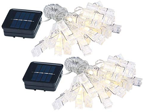 2 guirlandes porte-photos avec 40 pinces à LED chacune - 10 m - Solaire [Lunartec]