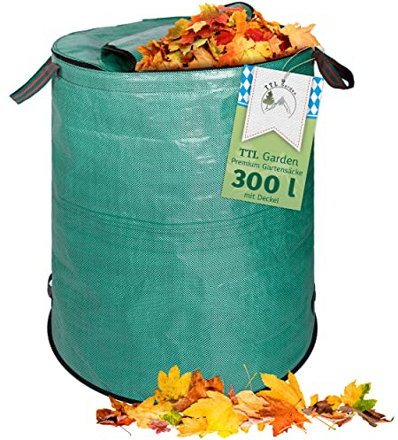 TTL GARDEN 1x 300L Gartensack Premium - mit Deckel verschließbar - 4 Griffe | extra groß stabil robust & faltbar 300 Liter Sack Laubsack laubkorb Gras Laub Gartenabfall Grünschnitt selbststehend 150gsm