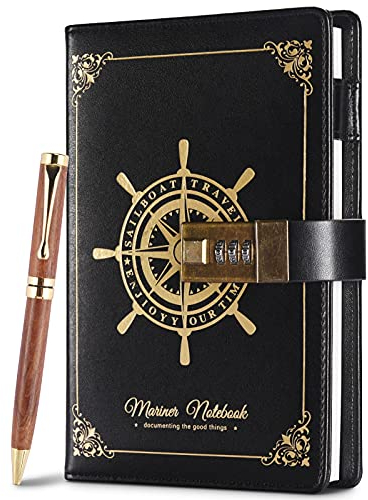 Asten Tagebuch Mit Schloss,Password Notebook Mit Stift, PU Leder Notizbuch mit Schloss Skizzenbuch Journal Planer Organizer Nachfüllbar Tagebuch, Linienpapier Geschenk für Mädchen, Jungen(Schwarz)