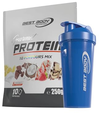Best Body Nutrition Gourmet 4 Komponenten Protein Eiweißshake Mix Beutel (10 x 25 g) - Set inkl. Protein Shaker/Gratiszugabe (Mix-Beutel, Best Body Shaker - Blau)