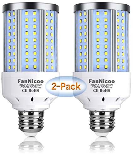 2-Pack 200W Equivalent LED Corn Light Bulb 3000 Lumen 6500K Cool White Daylight 30W LED Corn Lamp E26/E27 Medium Base for Indoor Outdoor Warehouse Garage Basement Backyard Factory Barn and Many Areas