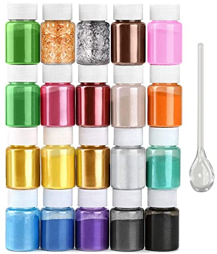 HEMOER Polvere di Mica - Pigmento di Resina Epossidica 20 Colori, Colorante per Sapone, Colorante in Polvere Metallico per la Creazione di Gioielli, Bombe da Bagno, Candele (10g per Bottiglia)
