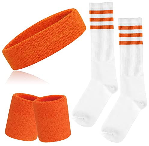 ONUPGO 5 delar randiga svettband och strumpor set sport randigt pannband armband svettband randig hög strumpa för män kvinnor sport och 80-talsfest (orange, randiga strumpor)