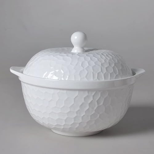 HXSCOO 9 Pouces, soupière en Porcelaine Blanche Unie avec Couvercle, Conception d'eau 3D Mignonne, Bol de Service de dîner Buffet, Soupe Thermos de récipients à Soupe