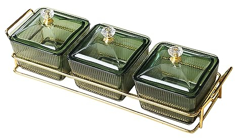 YMYL Set mit 3 Servierschalen mit Deckel und goldfarbenem Metallgestell, geteilte Servierschalen, abnehmbare Snackschalen für Vorspeisen, Chips, Obst, Nüsse, Süßigkeiten, Gewürze (grün)
