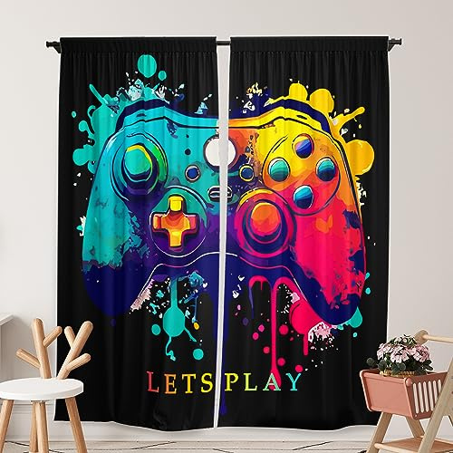 Yilinata Video Game Curtains for Kids Boys Girls Gamer Themed Teen Gaming Room Playroom Rod Pocket Drapes Home Living Room Bedroom Decor Durable Fabric 84 in X 84 in