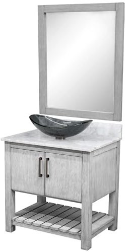 Miseno MV-30SG-NOBV-CAR-324G-MIR 30 Free Standing Single Basin Vanity Set with Cabinet, Marble Vanity Top, Oval Glass Vessel Sink and Mirror - Stonewash Grey/Carrara White Top/Oil Rubbed Bronze
