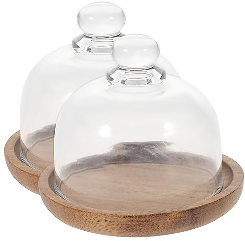 MAGICLULU 2 Pcs Cake Stand Dome Cover Round Mini Cake Dome Glass Server Platter Solid Wood and Glass Tray for Party 10.5x10.5cm