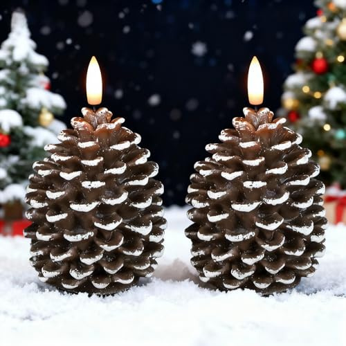 Eldnacele LED-Flammenlose Tannenzapfenkerzen mit 6-Stunden-Timer, batteriebetriebene Wachssäulenkerzen, 2er-Set Weihnachtskerzen Eichel-Deko, waldiges Design für Herbst- und Weihnachtsdekoration