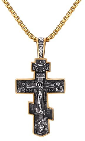 Cupimatch Collana Croce Ortodossa Uomo: Ciondolo Gesù Cristo Vintage Crocifisso Acciaio Inossidabile con Catena Grano - Regalo Battesimo Natale Compleanno Uomo Donna Oro