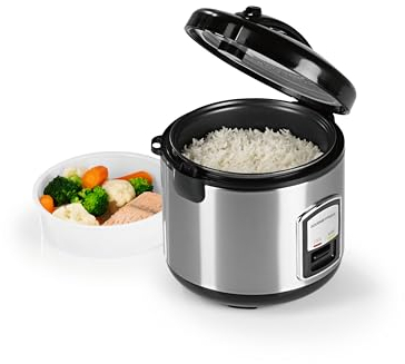 GOURMETmaxx Cuociriso compatto e vapore, 1 l, con inserto per vapore, pentola da giardino, cucchiaio da riso e misurino, funzione di mantenimento del calore, ideale per piccole famiglie e single,