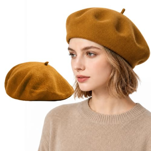 Lafefe Wool Beret hat Women, Female Autumn and Winter England Retro Hundred with Autumn Candy Colour Painter Octagonal Beret - Ginger