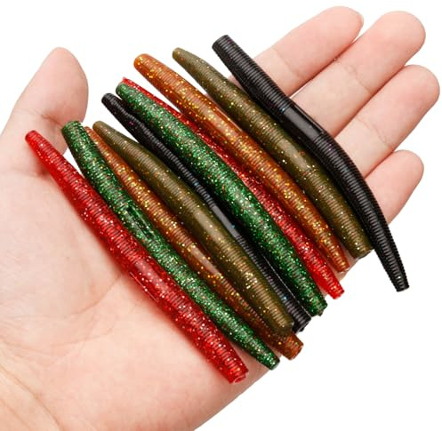 30stk Wacky Worm Weiche Angelköder, 10cm Barsch-Angelköder Gummi-Stick-Köder 5 Farben Barsch-Angelköder Weicher Plastik-Stick-Wurm für Barsch Süßwasser Salzwasser Angeln
