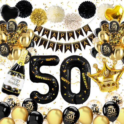 Palloncini 50 Anni Compleanno nero oro, Palloncini Compleanno 50 anni, Addobbi festa 50 anni uomo Donna, Nero Oro Decorazioni 50anni compleanno Uomo Donna