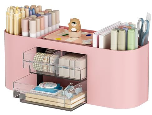 Marbrasse Schreibtisch Organizer mit 3 Schubladen,Multifunktionaler Stiftehalter,Schreibtischzubehör & Ablage mit 7 Fächern für Haus,Schule,Klassenzimmer(Rosa)