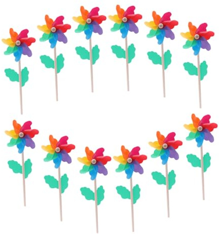 BEBEMOKO 12 Stück Bunte Kinder Windräder Aus Kunststoff Und Holz Garten Party Windspiel Outdoor Dekoration Windspiel Spielzeug