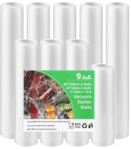 Bucomtu 9 volumes de Sac sous vide Alimentaire, 28/20/15 x 300cm,rouleau sous vide alimentaire, Sac Sous-Vide, à l'exclusion du bisphénol A, déchirure