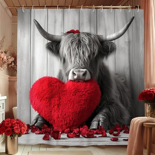 Cortina de ducha con diseño de vaca de las Tierras Altas, color gris monocromático y corazón, decoración de baño de felpa para el día de San Valentín, cortina de ducha de tela impermeable con ganchos