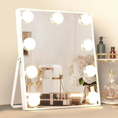 Hollywood Vanity Mirror with Lights, Lighted Makeup Mirror for Tabletop and Wall Mounted Hollywood Mirrors, Dimmable LED Bulbs & 3 Color Light Modes & 10X Magnifying Table Mirrors (White, Small)