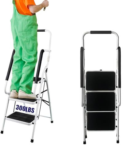 Trittleiter 3 Stufen – Klappbare Stahl-Leiter mit Sicherheitshandlauf Leiter mit Breitem Anti-Rutsch-Pedal, Trittleiter mit Bequemer Handlauf– Ideal für Haus, Garten & Heimwerker