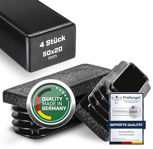 plasticmetall® Lamellenstopfen rechteckig 50x20 mm für Rechteckrohr [4 STK] I Rohrstopfen aus PE - Ideal für Aluprofil, Gartenmöbel & Stuhlbeine I Verschlussstopfen mit FUNKENEROSION-Struktur