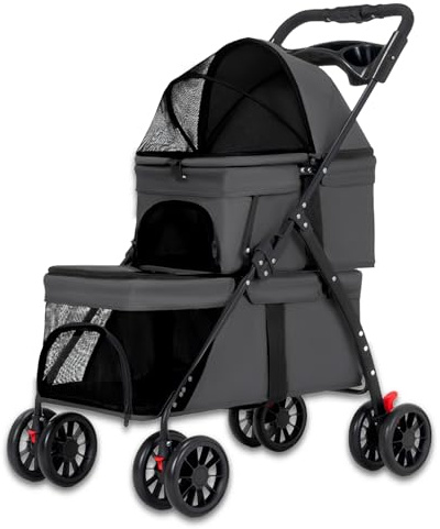 RIDEONMOP Poussette Double pour Chien et Chat, Chariot de Transport pour Animaux de Compagnie avec Roues verrouillables, Espace de Rangement, Poussette pour Chiens Pliable en Un Seul Geste,Noir