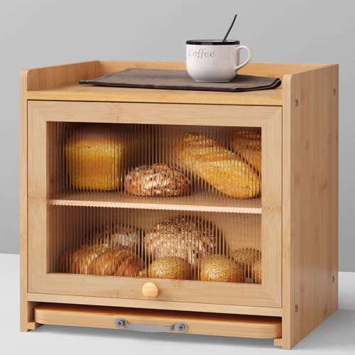 bamzc brz Bamboo Bread Box for Kitchen Countertop, Double Layer Kitchen Counter Organizers and Storage for Fruits, Tea, Spices, Coffee, Vintage Bread Bin Container with Cutting Board, Natural