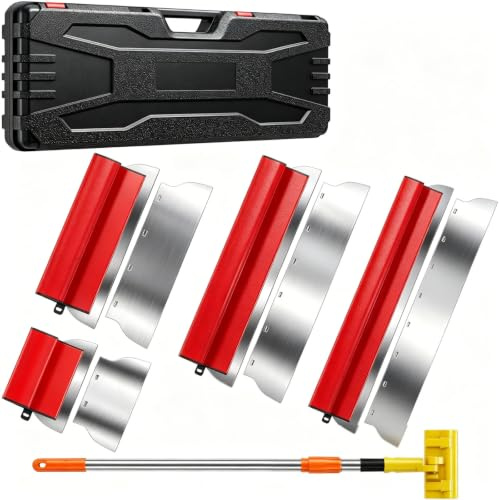 4 Teiliges Flächenspachtel Set, 25/40/60/80cm Spachtel Werkzeug mit Ersatzklingen & 1.27m Teleskopstange, Edelstahl Spachtelwerkzeug Multifunktionales Glättungsspatel Kit für Trockenbau & Verputzer