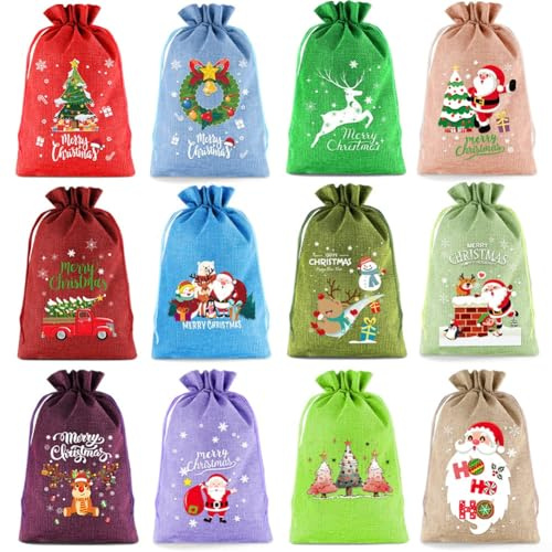DystopiaWorld Weihnachts-Geschenktüten mit Kordelzug, 20 x 30 cm, Stoffsack, für Kinder-Partygeschenke, Geschenktüten, Süßigkeitentüten, Desserttüten, Gastgeschenktüten (12 Stück)