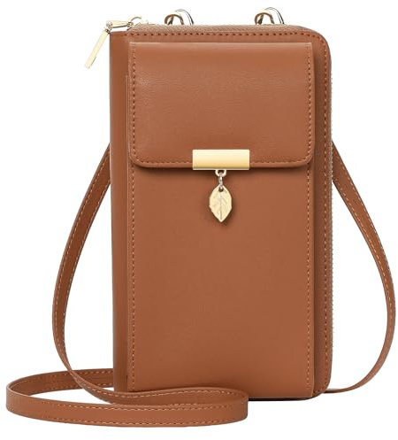 ENONEO Sac Téléphone Portable Femme en Cuir Blocage RFID Petit Sac à Bandoulière pour Téléphone avec 12 Porte Carte et Fermeture Eclair Poche à Monnaie Portefeuille Pochette Femme (Marron)