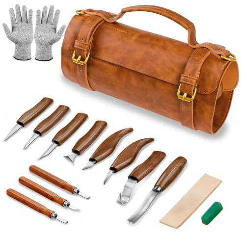 Fynokst Sculpture Bois Kit, 15 in 1 Pack Outils Deluxe contiennent des Couteaux à Tailler, Gouge a Bois, Gants, Pâte à Polir, un Sac en Cuir, pour Débutants/Professionnels