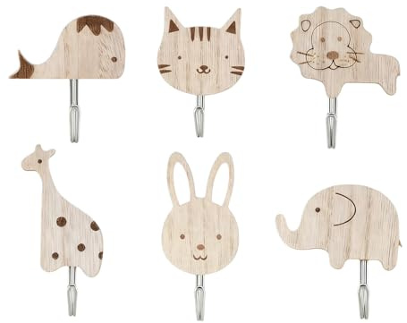 Hongoen 6 ganchos de pared de animales lindos, ganchos de pared de madera, ganchos de pared de animales, dibujos animados, elefantes, ballenas, gatos, leones, conejos, jirafas, percheros para niños