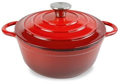 H&H Casseruola tonda in Ghisa Smaltata 22 cm, 2 Manici, Rossa, per Tutti i Piani Cottura, Compatibile con Induzione