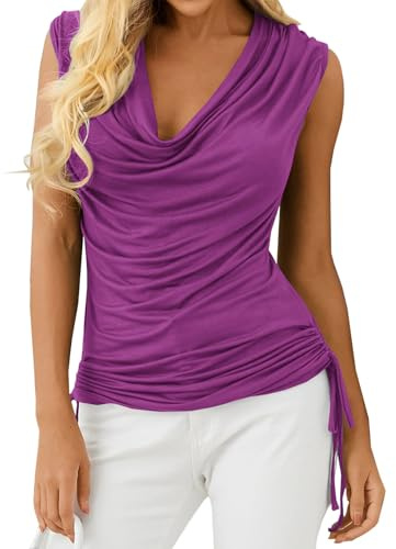 Imily Bela Débardeur pour Femme - Col en V Profond - Cascade - sans Manches - Haut d'été plissé avec Cordon de Serrage, Pourpre, XL