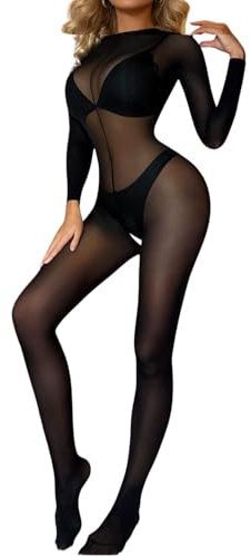 ROSVAJFY Women's Sheer Mesh Bodystocking Long Sleeve See-Through Full Body Stocking Sexy Lingerie Bodysuit See Through Stretchy Nightwear for Valentine's Day Date Night XS-XL