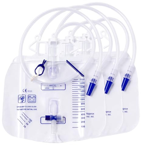 2000mL Catheter Bags for Men, 3-Pack Professional Urinary Drainage Bags with Anti-Reflux Chamber, 48 Kink-Resistant Thickened Tube, Splash-Proof Drain Valve, Adjustable Clips & Dual Hanging Hooks
