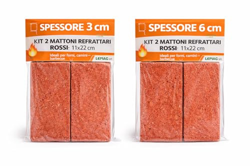 Kit 2 Mattoni Refrattari Rossi 11x22 cm – Spessore 3 cm o 6 cm – Ricambio/Costruzione per Forni, Camini e Barbecue – LEMAG SRL (6cm)