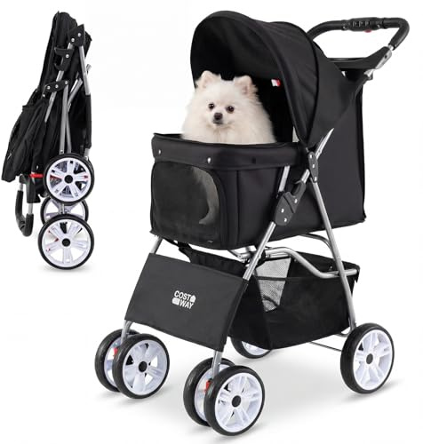 COSTWAY Hundewagen klappbar, Hundebuggy für Katzen Hunde bis 15 kg, Schwarz | Haustierbuggy mit verstellbarem Vordach, Netzfenster, Korb & Getränkehalter, Katzenwagen Haustierwagen