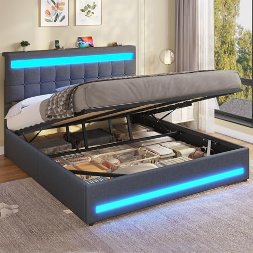 AOGLLATI Polsterbett Doppelbett 180x200 cm mit LED & Ladefunktion, Hydraulisches Stauraumbett mit höhenverstellbarem Kopfteil,Bett 180x200 mit Bettkasten & Lattenrost,Leinen,Dunkelgrau (Ohne Matratze)