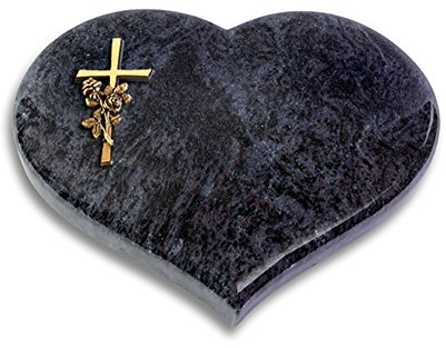 Grabplatte, Grabstein, Grabherz, Urnengrabstein Modell Coeur 40 x 30 x 7 cm Orion-Granit, poliert inkl. Gravur (Bronze-Ornament Kreuz/Rose)