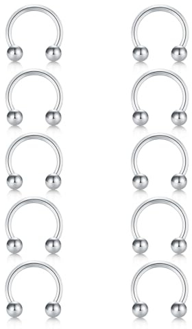 Briana Williams 16G Horseshoe Nose Rings 10pcs Stainless Steel Horse Shoe Piercing Cartilage Helix Tragus Earring Hoops Labret Lip Piercing Jewelry 10mm