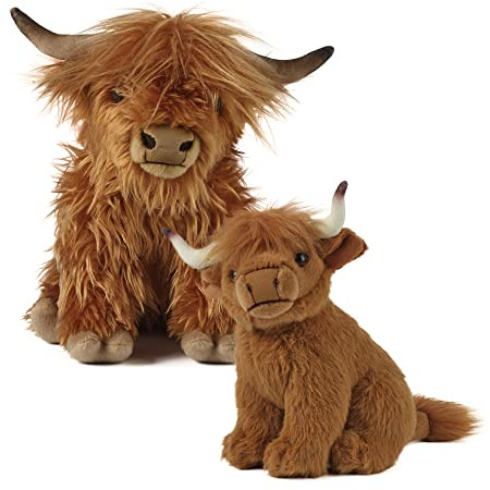 Living Nature Hochlandrind Mutter und Kind Geschenkbundle, 2X realistisches weiches kuschliges Farmspielzeug, Naturli umweltfreundliches Plüschtier, 16cm + 22cm