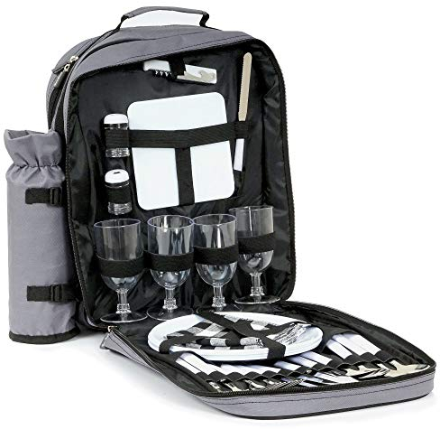CampFeuer Picknick Rucksack für 4 Personen | Grau | Picknickset 31-teilig | inkl. Flaschenhalter, großem Kühlfach, Geschirr und Besteck