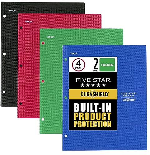 Five Star DuraShield Antimicrobial 2 Pocket Stay-Put Plastic Folders, 4 Pack, Holds 11 x 8-1/2, Color May Vary (330010)