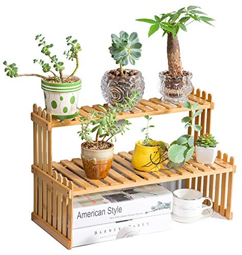 Yusheng Estantería para flores, escalera para plantas, de bambú, 2 niveles, para balcón, salón, exterior, jardín