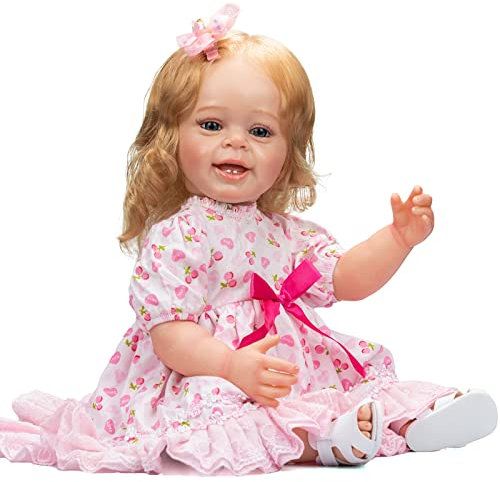 YIHANGG 55CM Ganzkörper-Silikon Reborn Babypuppe Mit Blonden Langen Lockigen Haaren Lebensecht Mädchen Lächeln Reborn Kleinkindpuppe 3D-Haut Sichtbare Venen Sammelbare Kunst Kinder Geschenke