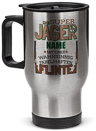 Tassendruck Edelstahl-Thermobecher selbst gestalten mit Name - Super Jäger mit Flinte - Coffee to Go Becher, Jäger Geschenke, Jagd Zubehör, Waidmannsheil | Personalisiertes Geschenk, 390 ml